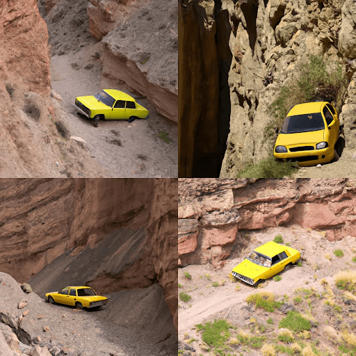 Obrazy wygenerowane przez DALL-E 2, prompt: „Żółty samochód porzucony w kanionie”.