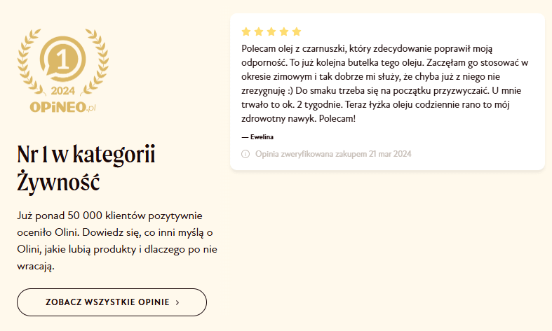 grafika pokazuje prezentację opinii klientów o produktach marki olini.pl przez platformę Opineo