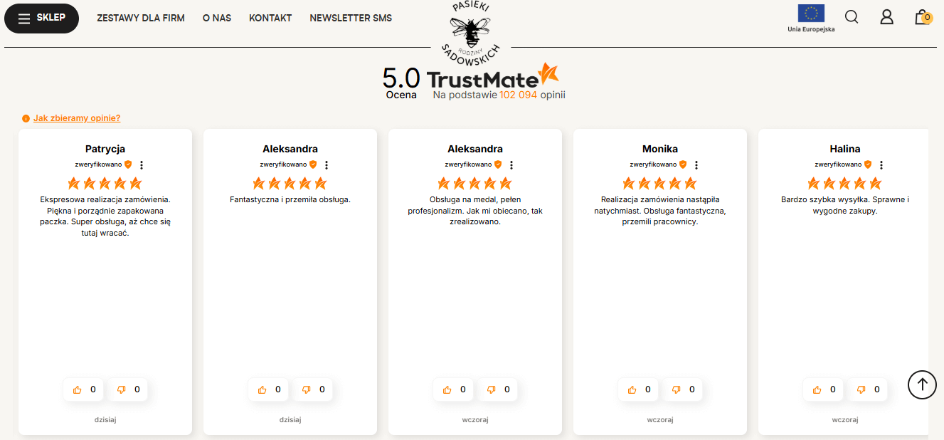 grafika pokazuje prezentację opinii klientów o produktach marki pasiekisadowskich.pl przez platformę TrustMate