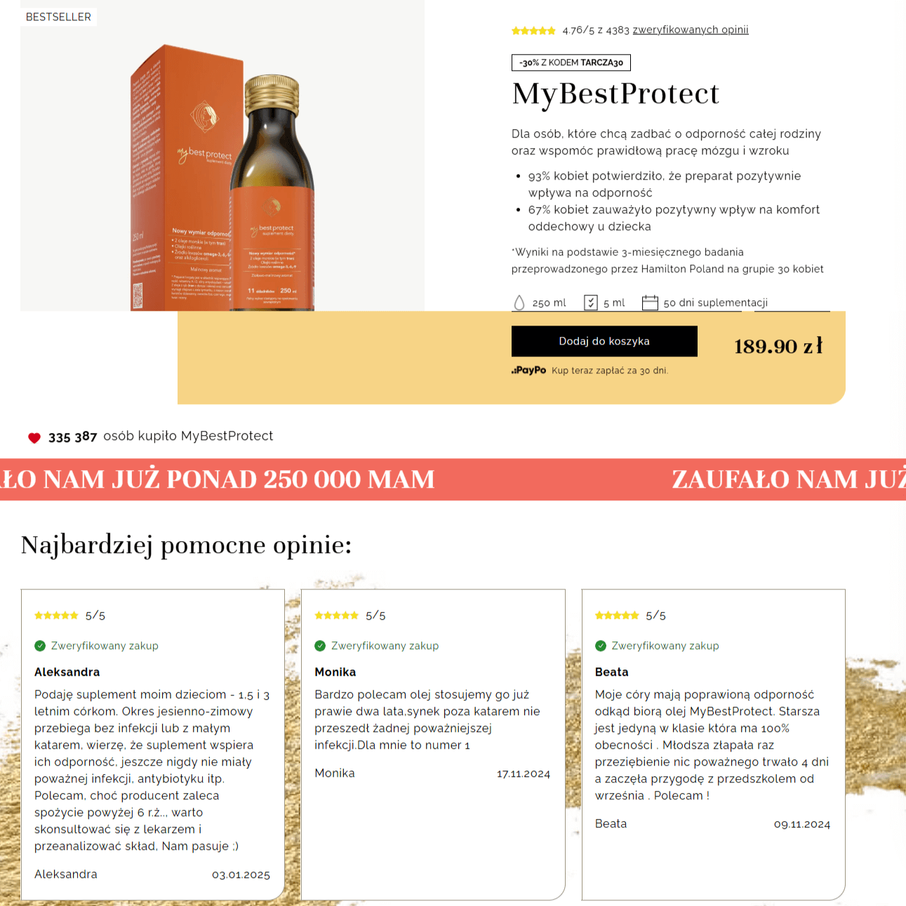 grafika przedstawia prezentację opinii klientów na karcie produktu marki mybestpharm.com