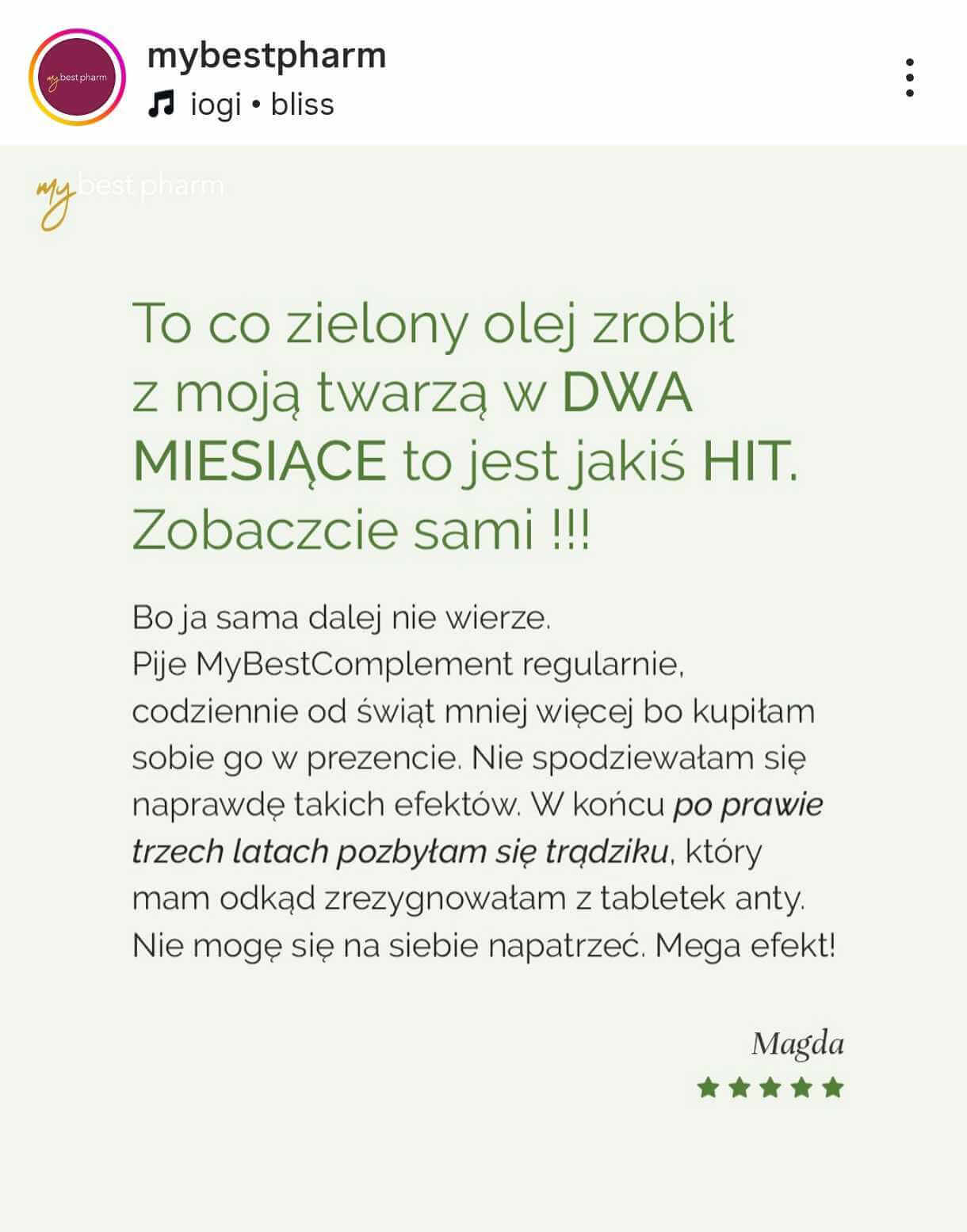 grafika przedstawia prezentację na Instagramie marki opinii klientki o zakupionym produkcie mybestpharm 