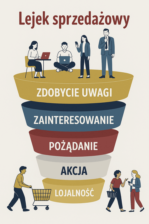 Grafika przedstawia etapy lejka sprzedażowego w modelu AIDAR